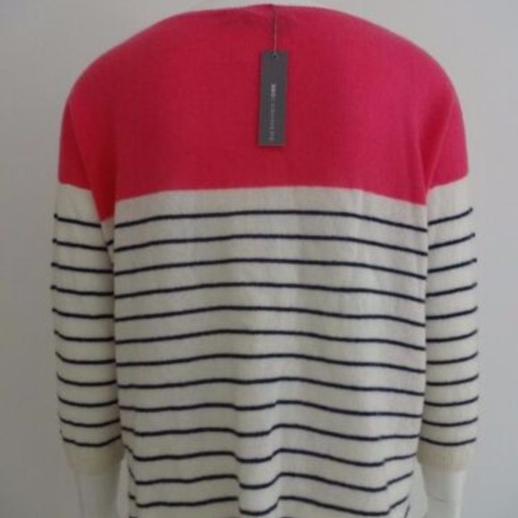 360 CASHMERE PINK WHITE STRIPE 3/4 SLEEVE BOAT NECK SWEATER L NWT - Picture 2 of 5